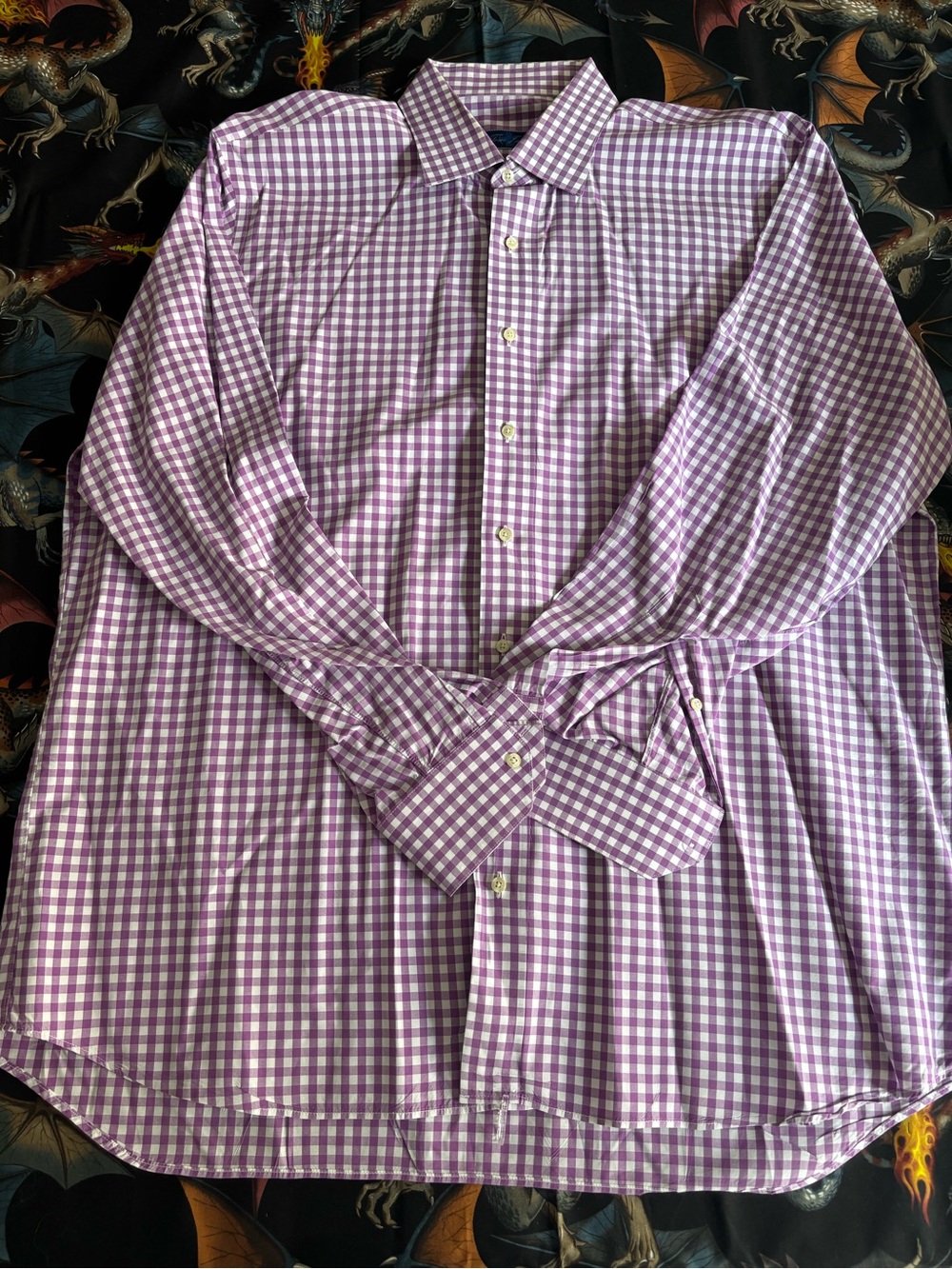 TAKING OFFERS! Tom James Custom Purple Gingham Dress Shirt, *XL (see measurement - Picture 2 of 9